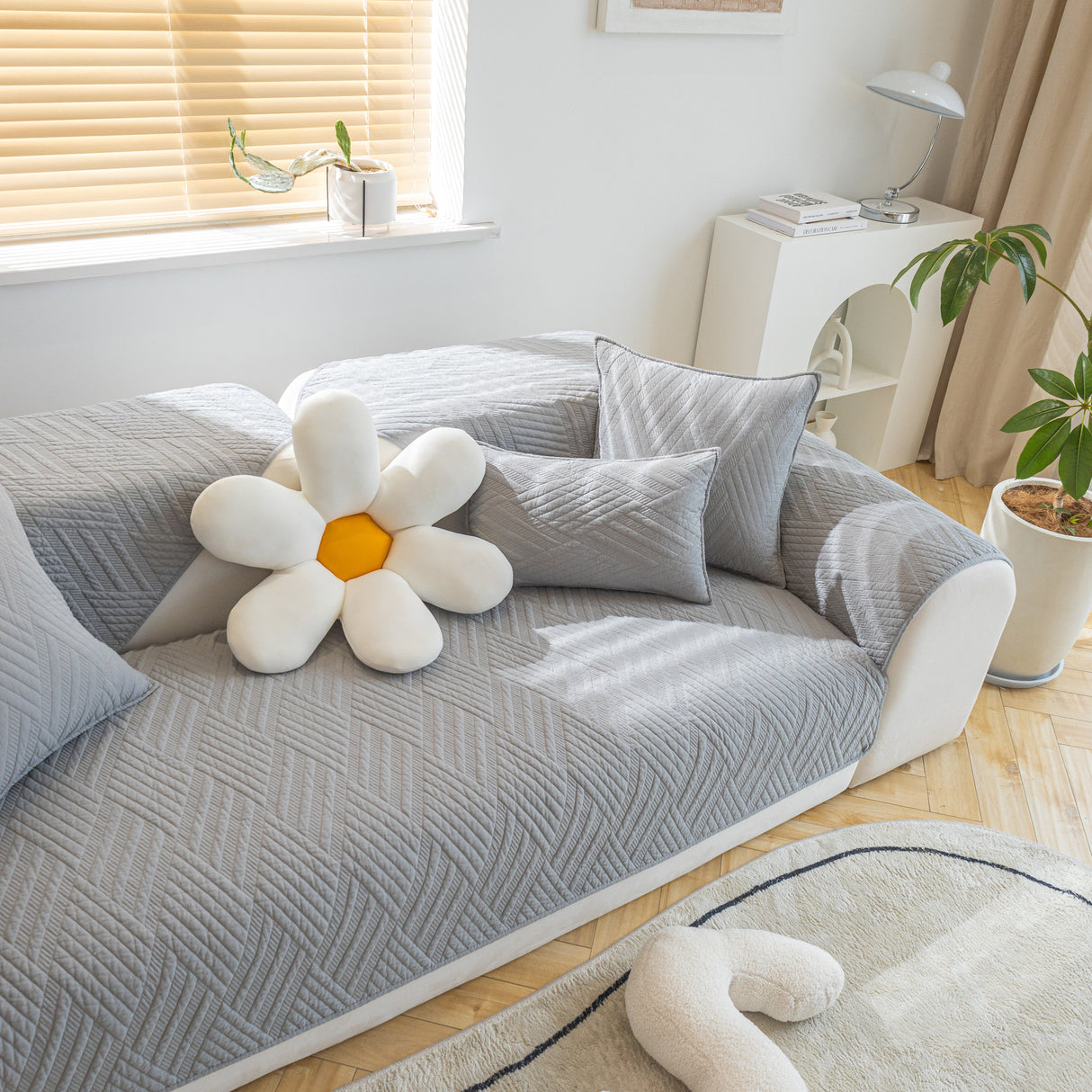 Quilted Geometric Cotton Sofa Cover, Non-Slip & Thick Padded Furniture Covers