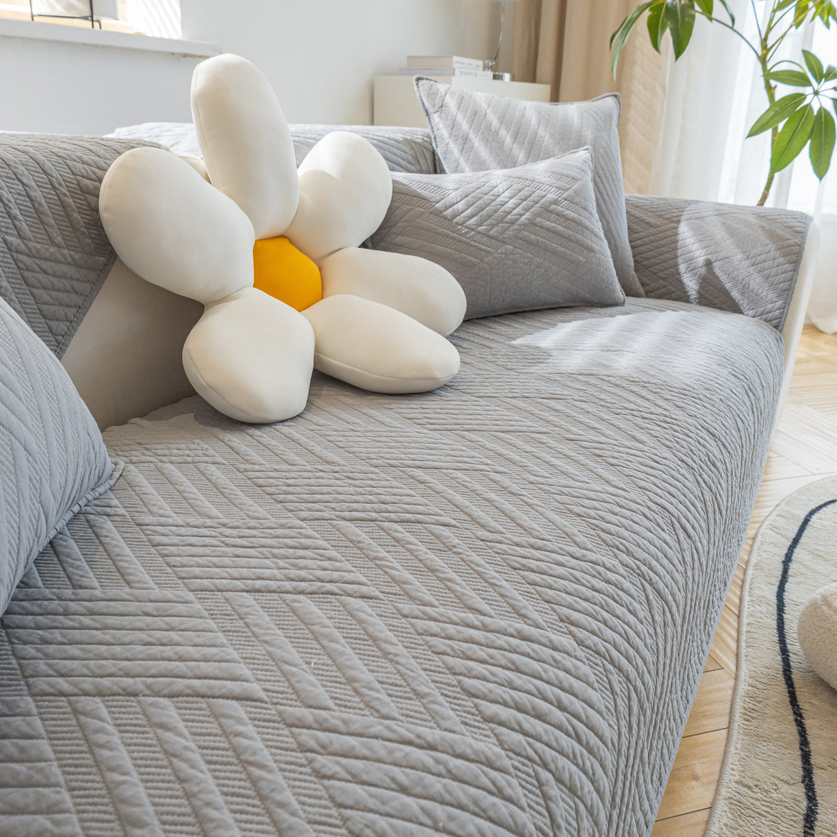 Quilted Geometric Cotton Sofa Cover, Non-Slip & Thick Padded Furniture Covers