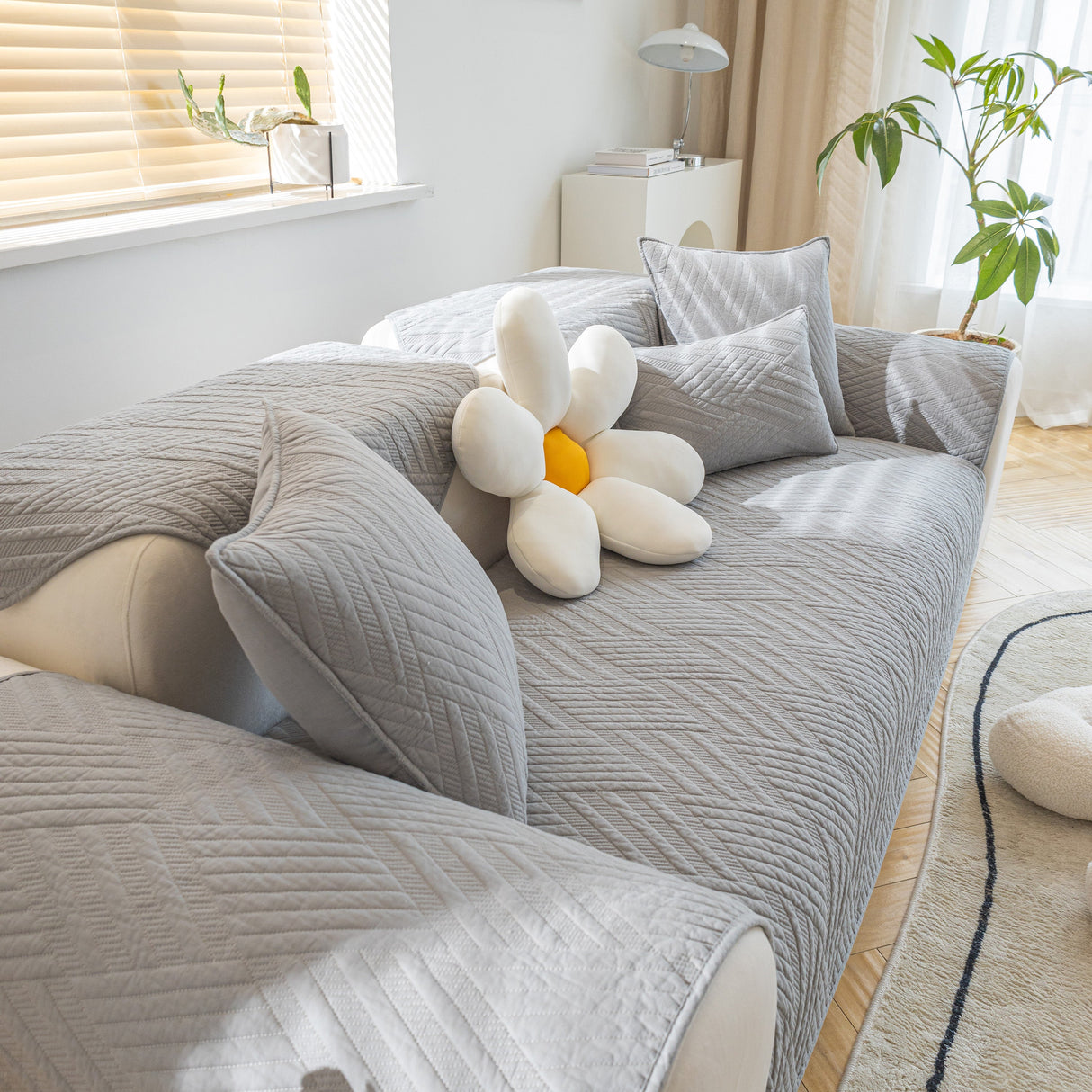 Quilted Geometric Cotton Sofa Cover, Non-Slip & Thick Padded Furniture Covers