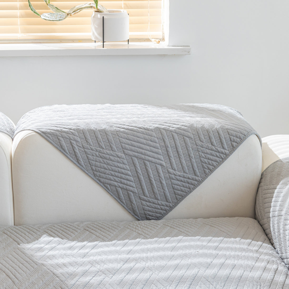 Quilted Geometric Cotton Sofa Cover, Non-Slip & Thick Padded Furniture Covers