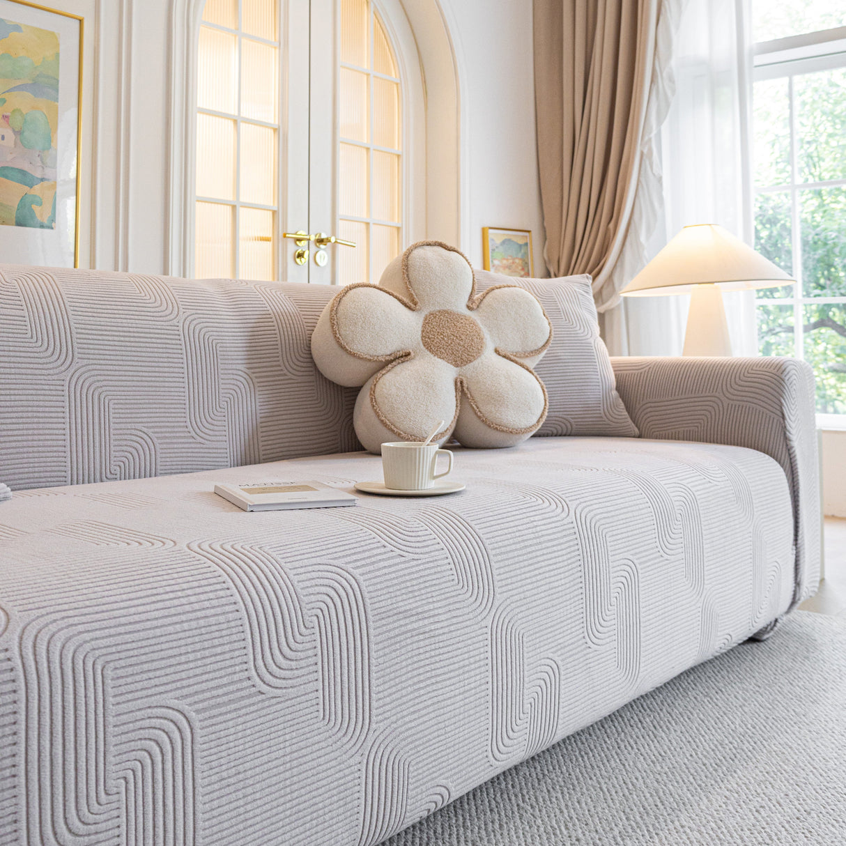 Modern Slipcovers Geometric Textured Stretchable Sofa Cover for Couch with Chaise