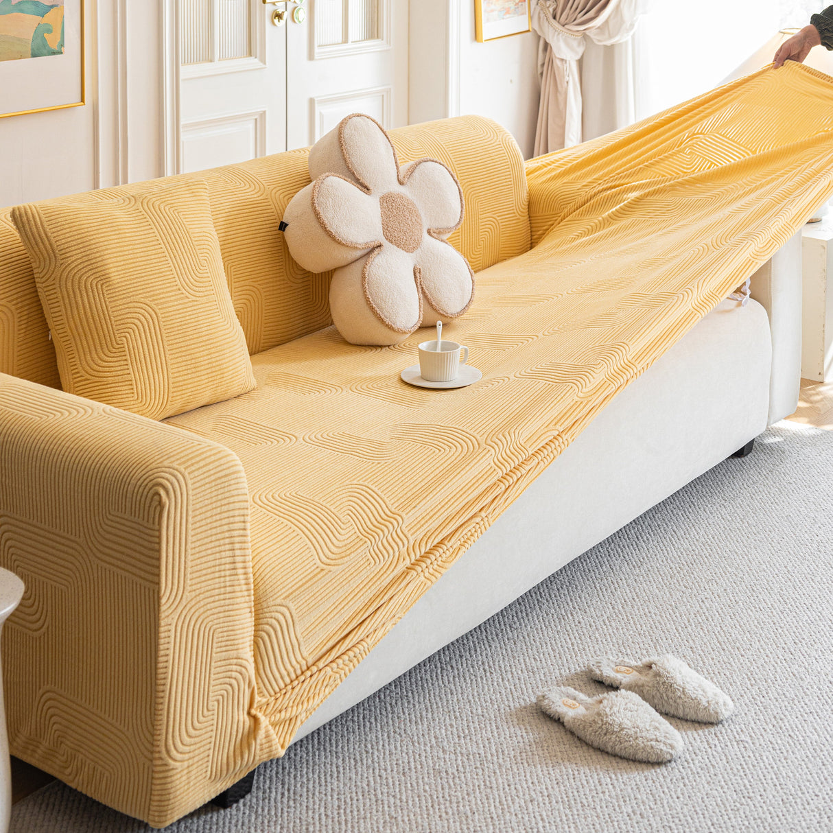 Modern Slipcovers Geometric Textured Stretchable Sofa Cover for Couch with Chaise