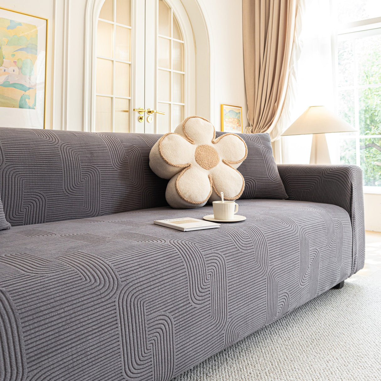 Modern Slipcovers Geometric Textured Stretchable Sofa Cover for Couch with Chaise