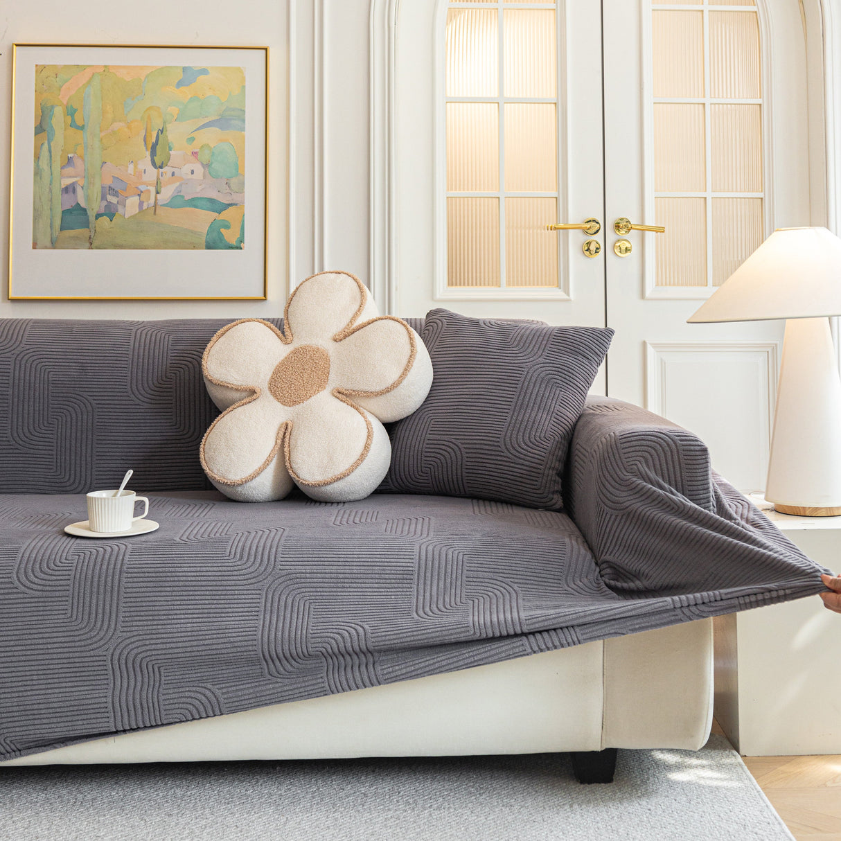 Modern Slipcovers Geometric Textured Stretchable Sofa Cover for Couch with Chaise