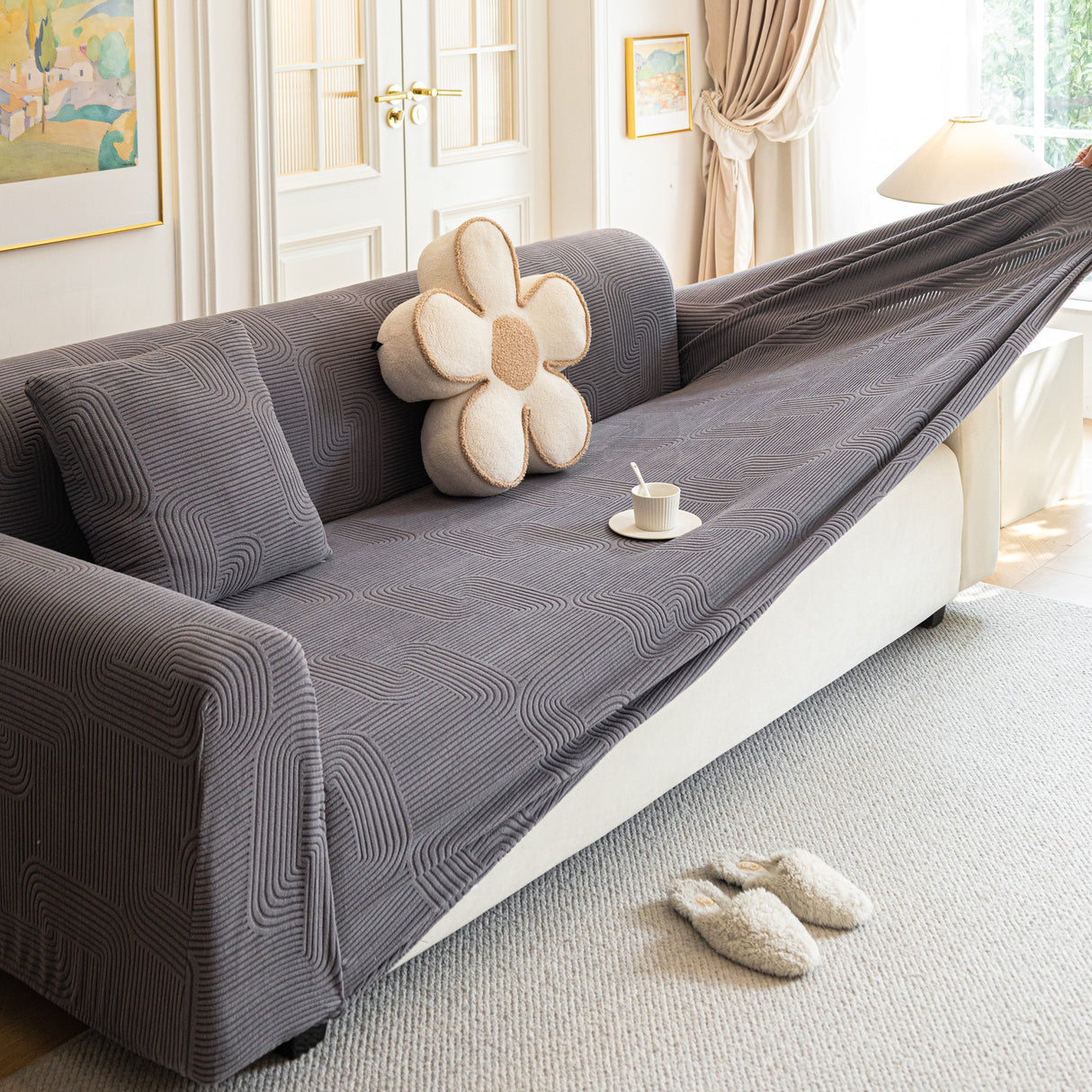 Modern Slipcovers Geometric Textured Stretchable Sofa Cover for Couch with Chaise