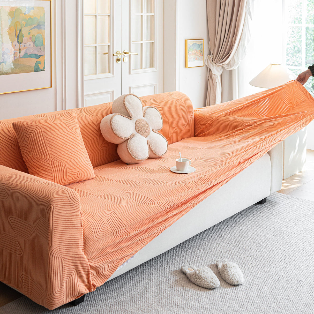 Modern Slipcovers Geometric Textured Stretchable Sofa Cover for Couch with Chaise