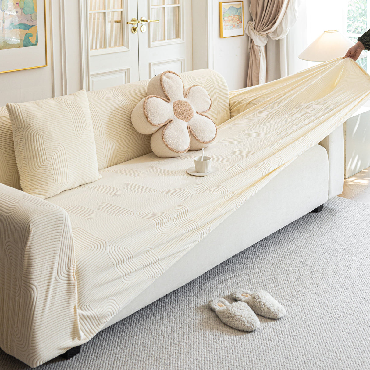 Modern Slipcovers Geometric Textured Stretchable Sofa Cover for Couch with Chaise