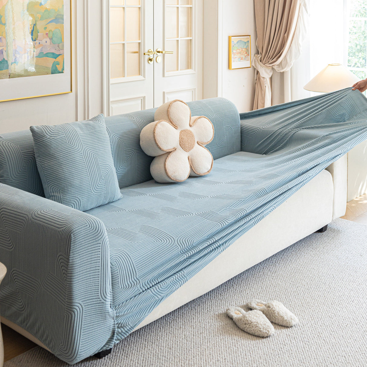 Modern Slipcovers Geometric Textured Stretchable Sofa Cover for Couch with Chaise