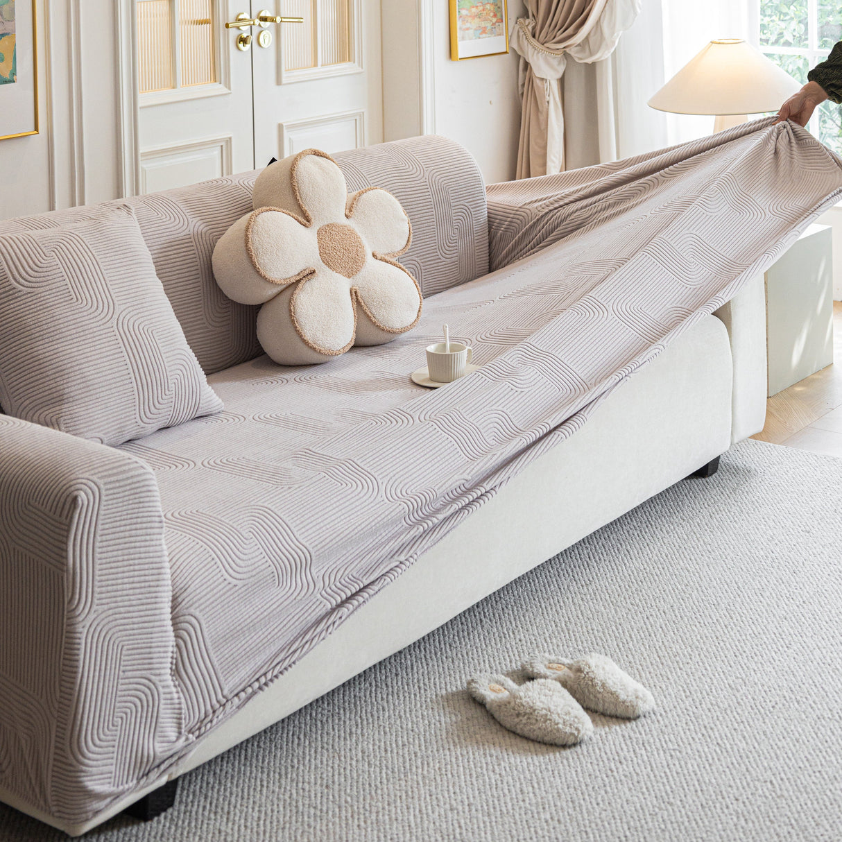 Modern Slipcovers Geometric Textured Stretchable Sofa Cover for Couch with Chaise