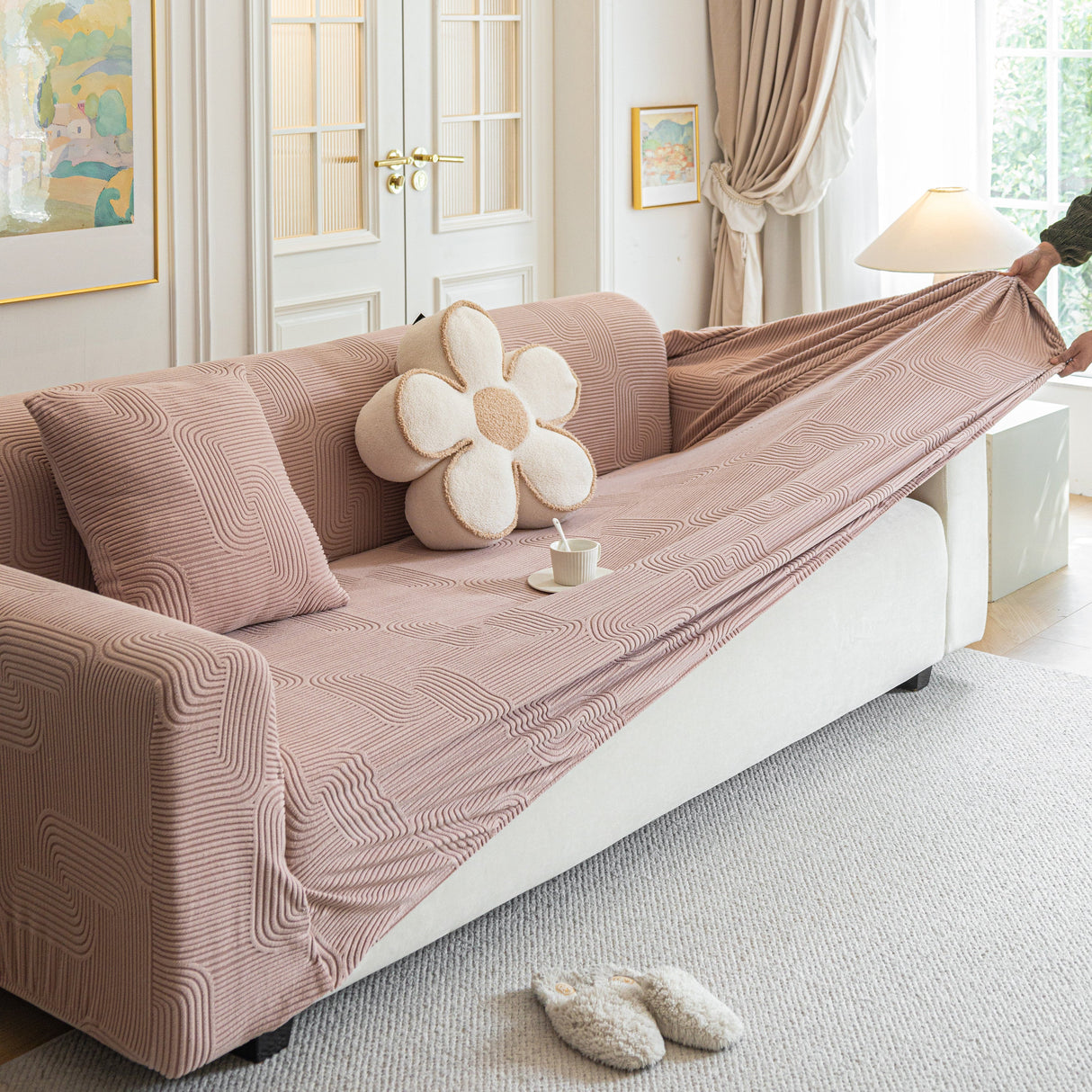 Modern Slipcovers Geometric Textured Stretchable Sofa Cover for Couch with Chaise