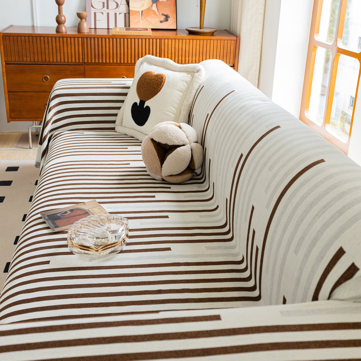 Boho Stripe Sectional Couch Cover Soft Chenille Sofa Slipcovers Blanket on The Sofa for Living Room