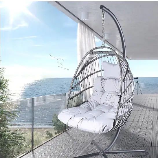 Swing Egg Chair With Stand Indoor And Outdoor Rattan Patio Basket Sling Chair With C-bracket, Patio Wicker Folding Sling Chair