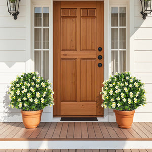 2 Pack Artificial Boxwood Topiary Ball Tree Faux Shrub Bushes with Flowers-White