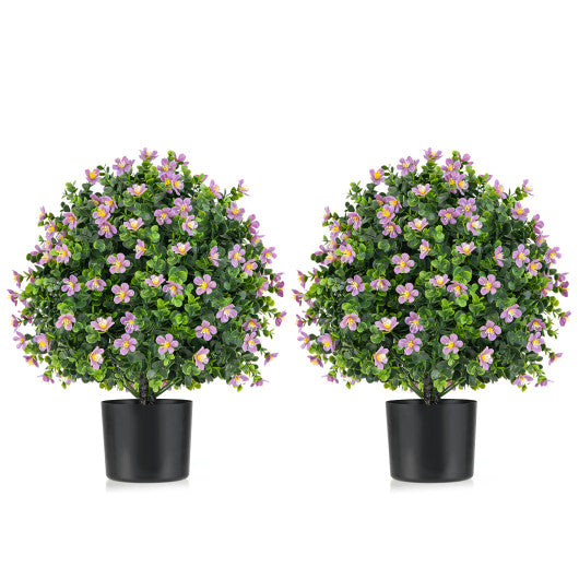 2 Pack Artificial Boxwood Topiary Ball Tree Faux Shrub Bushes with Flowers-Purple