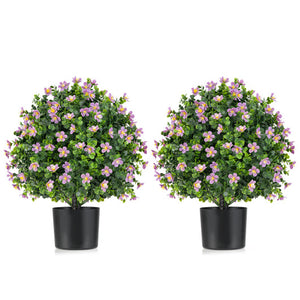 2 Pack Artificial Boxwood Topiary Ball Tree Faux Shrub Bushes with Flowers-Purple