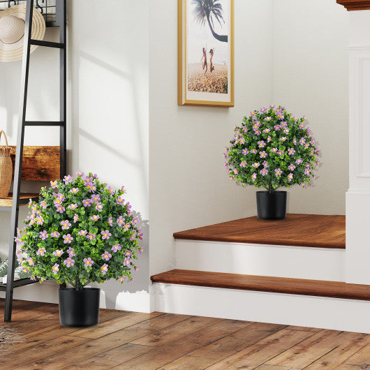 2 Pack Artificial Boxwood Topiary Ball Tree Faux Shrub Bushes with Flowers-Purple