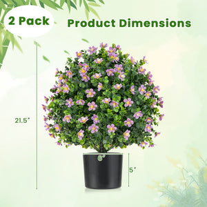 2 Pack Artificial Boxwood Topiary Ball Tree Faux Shrub Bushes with Flowers-Purple