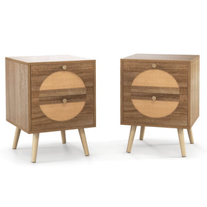 Set of 2 Rattan Nightstand with 2 Drawers and Solid Wood Legs-Natual