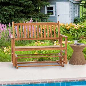 2 Seats Outdoor Glider Bench with Armrests and Slatted Seat-Natural
