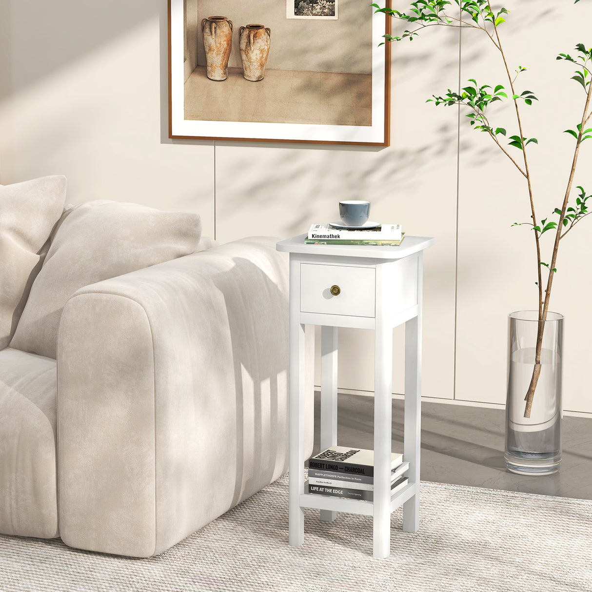 2 Tier Slim Nightstand Bedside Table with Drawer Shelf-Brown