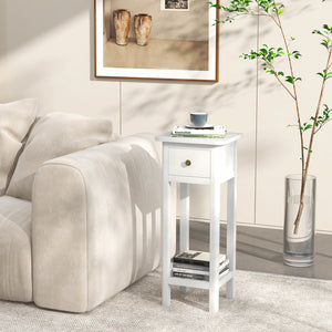 2 Tier Slim Nightstand Bedside Table with Drawer Shelf-Brown