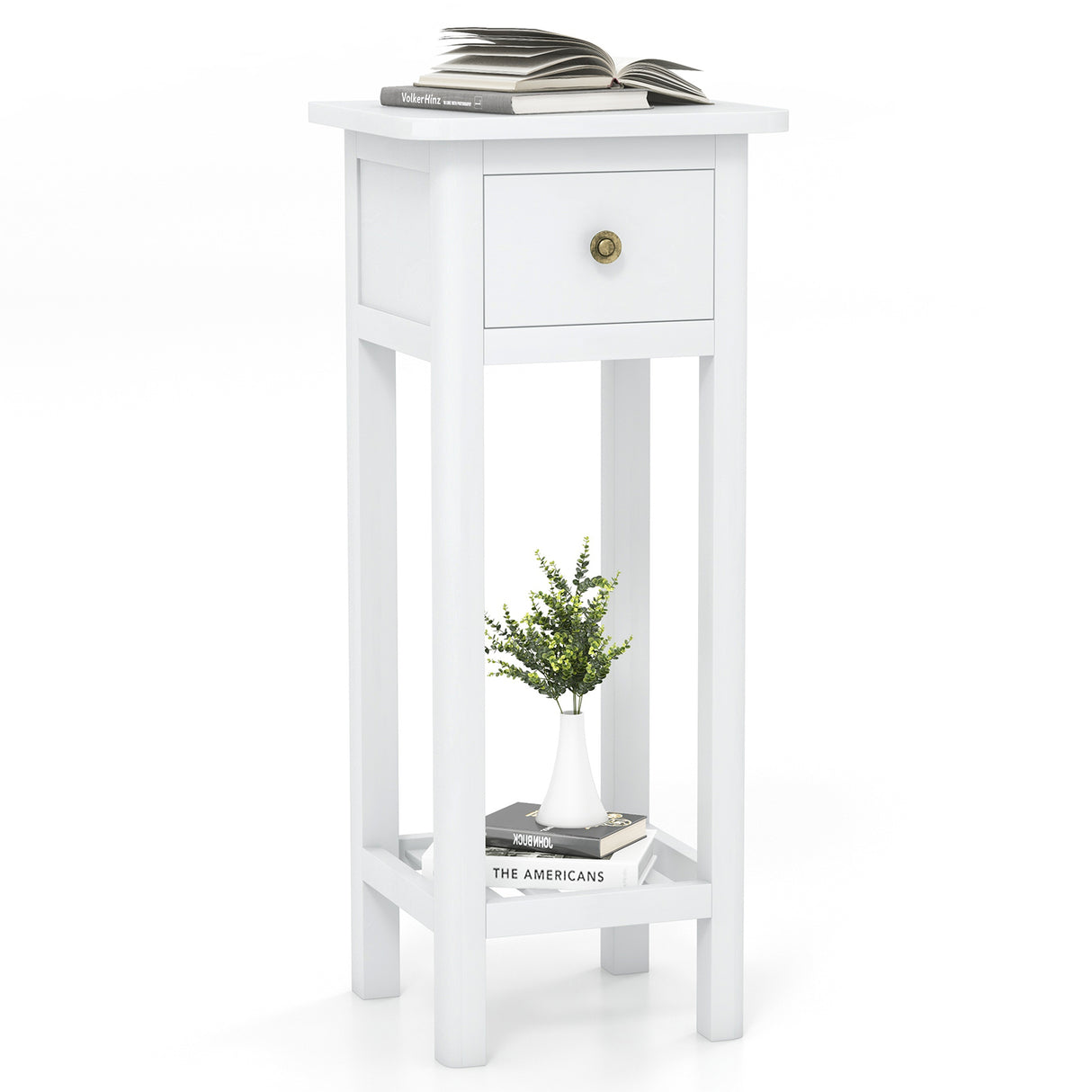 2 Tier Slim Nightstand Bedside Table with Drawer Shelf-Brown