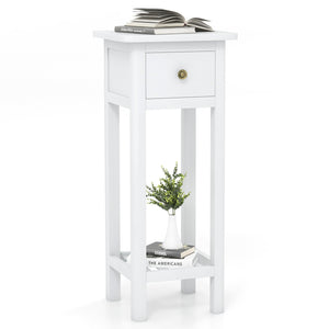 2 Tier Slim Nightstand Bedside Table with Drawer Shelf-Brown