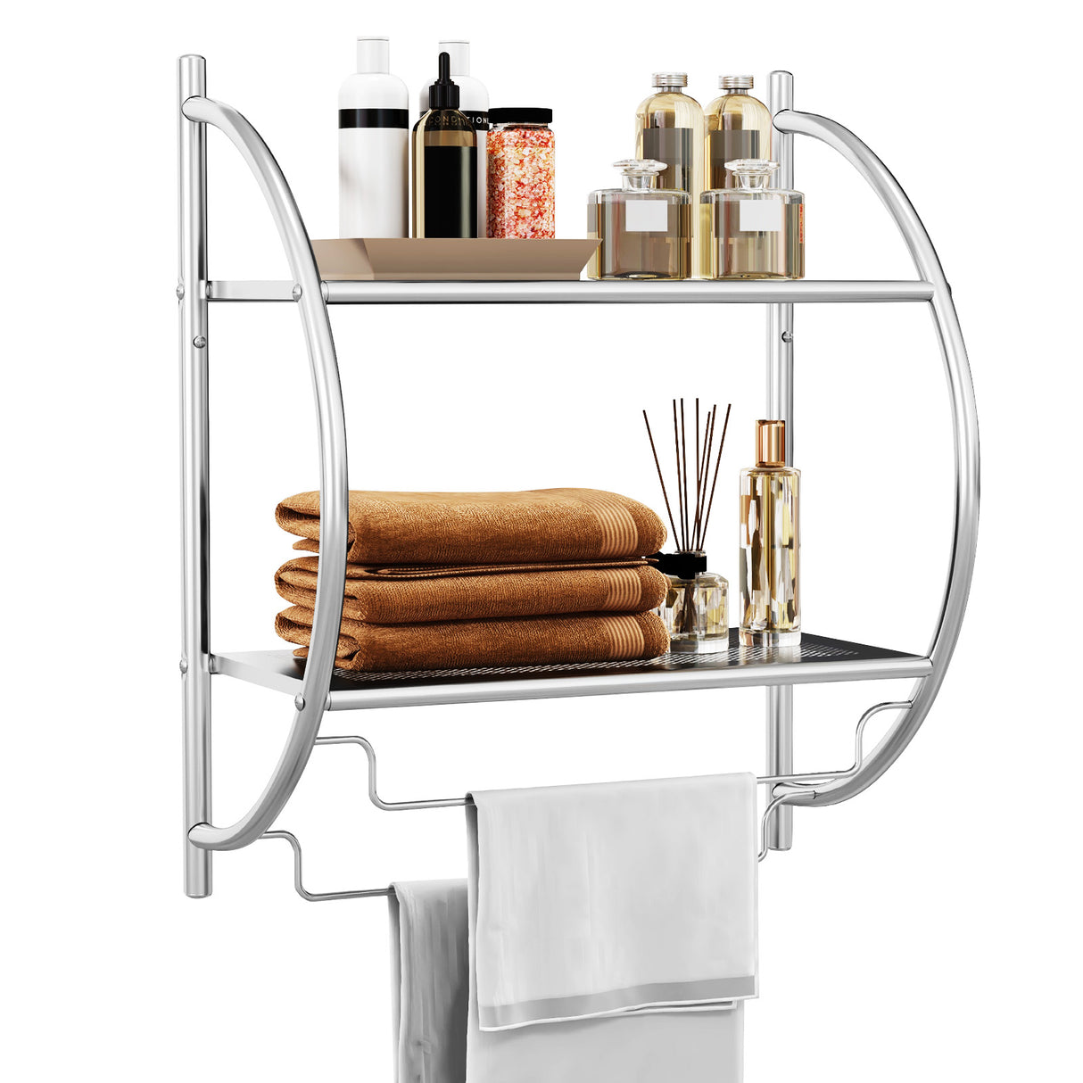 Wall Mounted 2-Tier Bathroom Towel Rack with 2 Towel Bars-Silver
