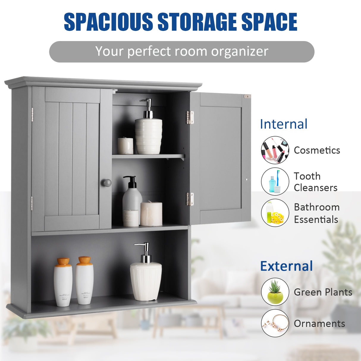 2-Door Wall Mount Bathroom Storage Cabinet with Open Shelf-White