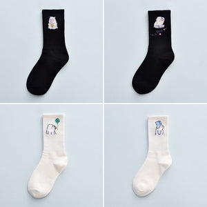 4Pair Spring And Summer Combed Out Of Pure Cotton Socks Mid Waist Fashion Bear Socks Cute Animal Socks Kawaii Cute Cartoon Purple College Socks For Men And Women