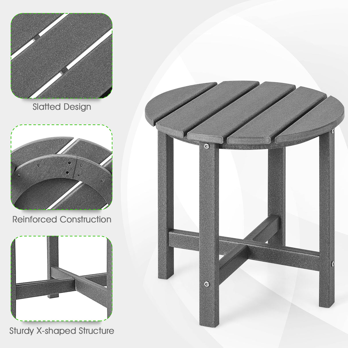 Set of 2 18 Inch Round Weather-Resistant Adirondack Side Tables-Gray