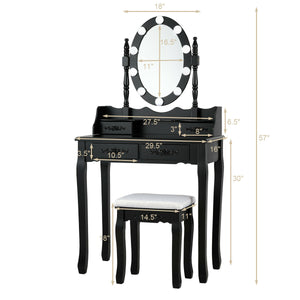 Makeup Dressing Table with Touch Switch Lighted Mirror and Cushioned Stool-Black