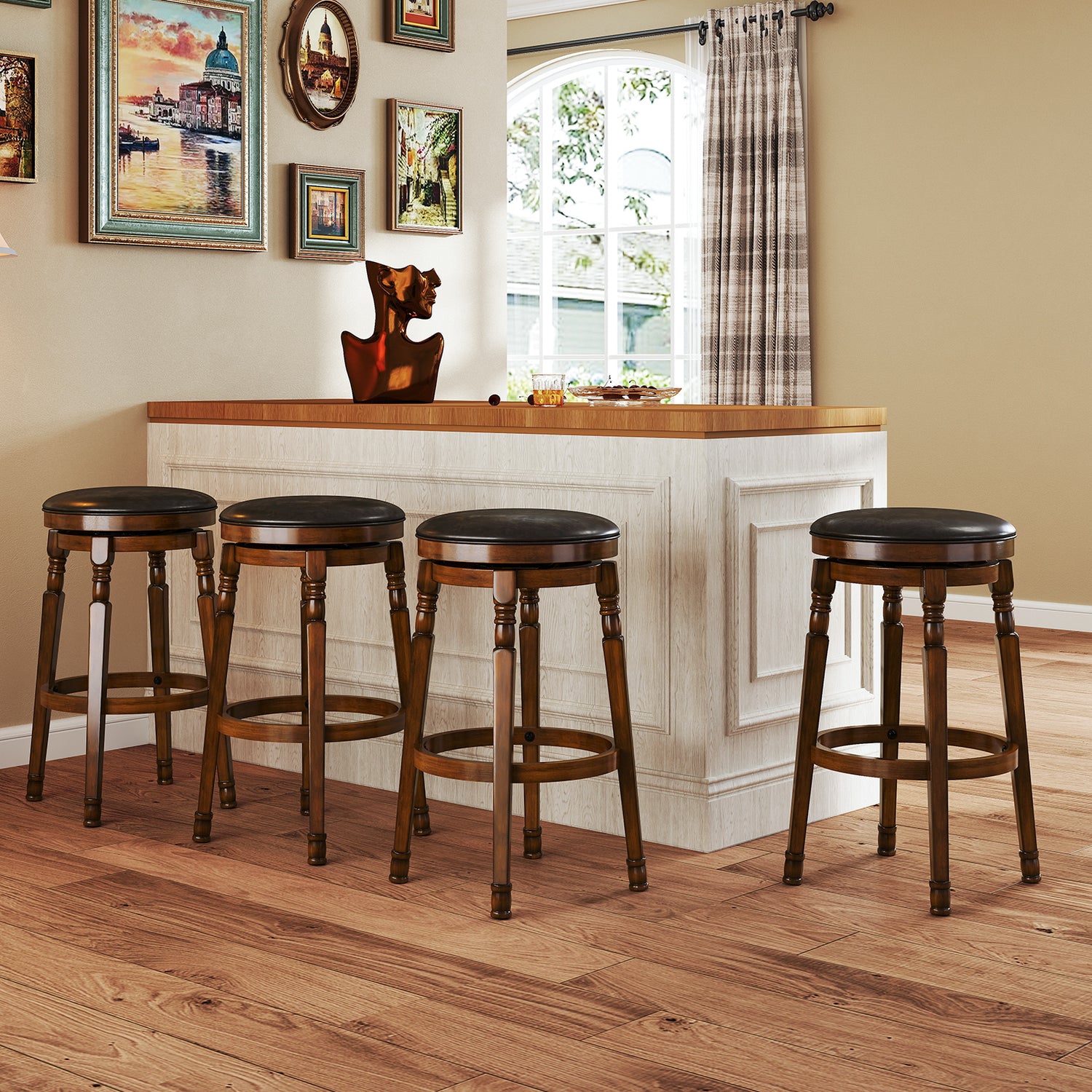 Set of 2 24-Inch Swivel Leather Padded Bar Dining Stools