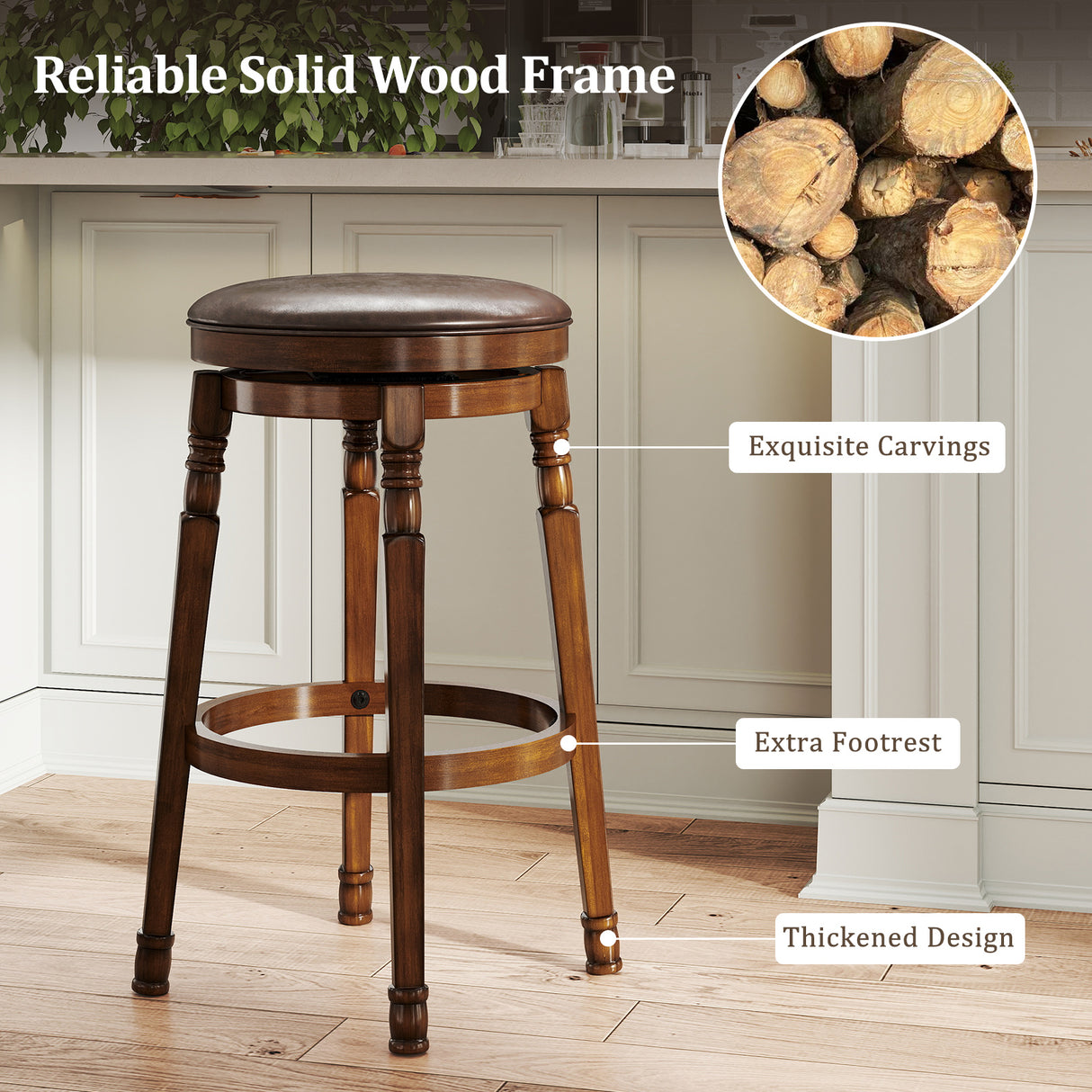 Set of 2 24-Inch Swivel Leather Padded Bar Dining Stools