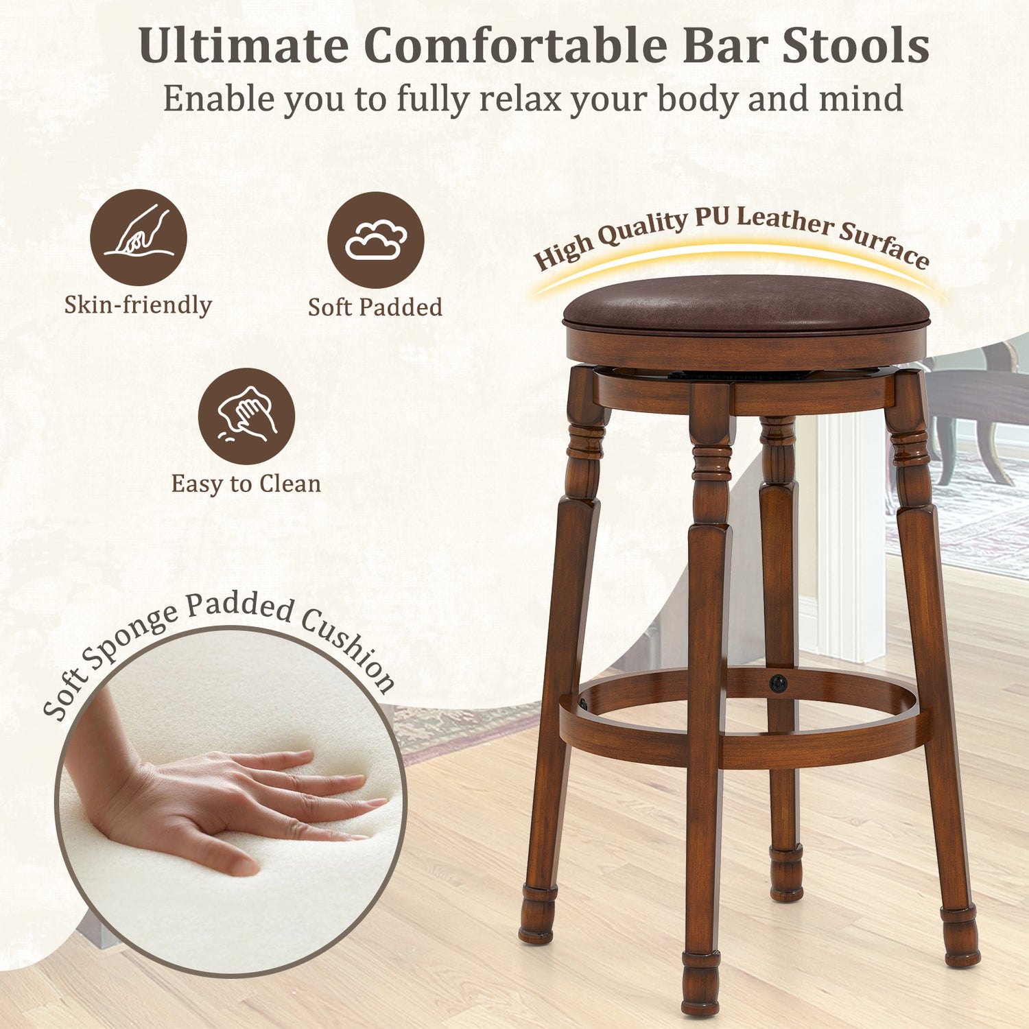 Set of 2 24-Inch Swivel Leather Padded Bar Dining Stools