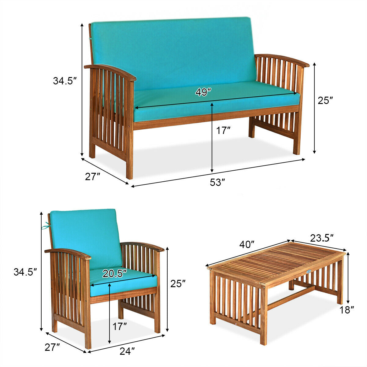 4 Pieces Patio Solid Wood Furniture Set-Beige