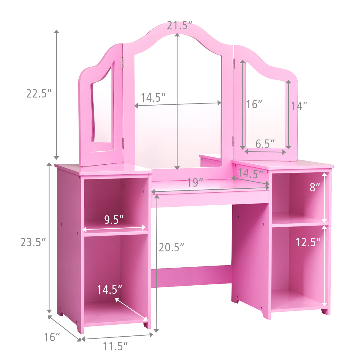Kids Tri Folding Mirror Makeup Dressing Vanity Table Set-White