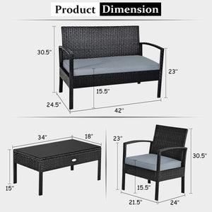 4 Pieces Patio Rattan Cushioned Furniture Set-Gray
