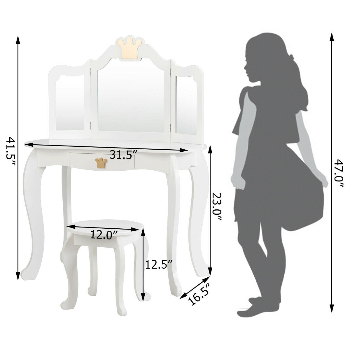 Kids Makeup Dressing Table with Tri-folding Mirror and Stool-Pink