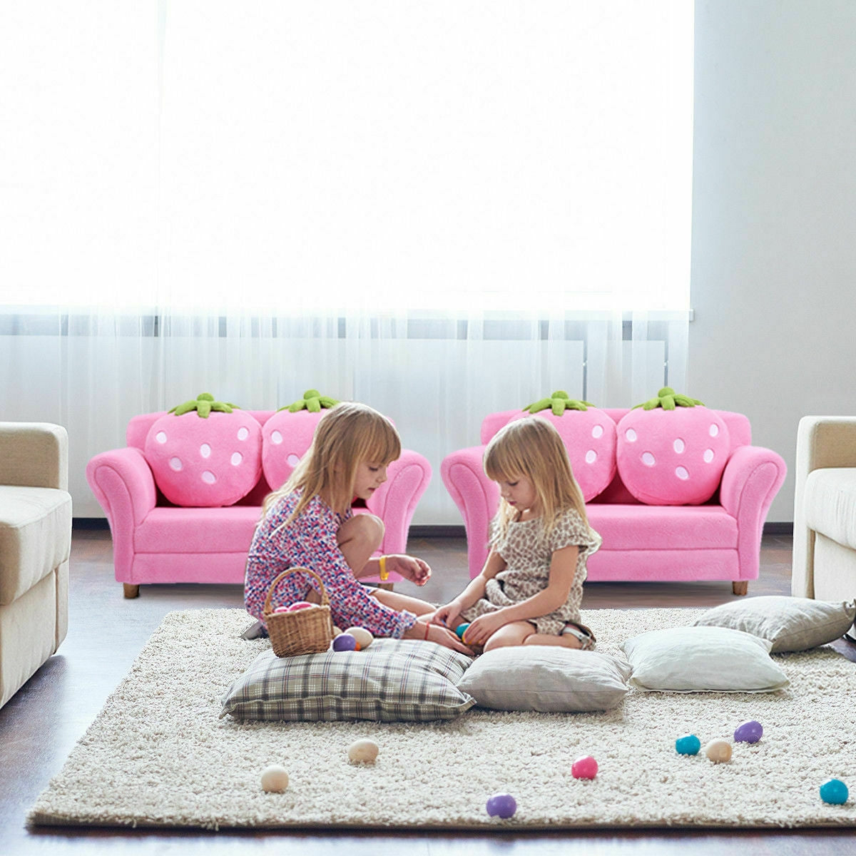 Kids Strawberry Armrest Chair Sofa with 2 Cute Strawberry Pillows-Pink