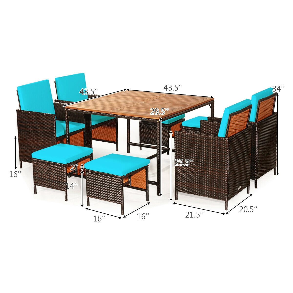 9 Pieces Patio Rattan Dining Cushioned Chairs Set-Red