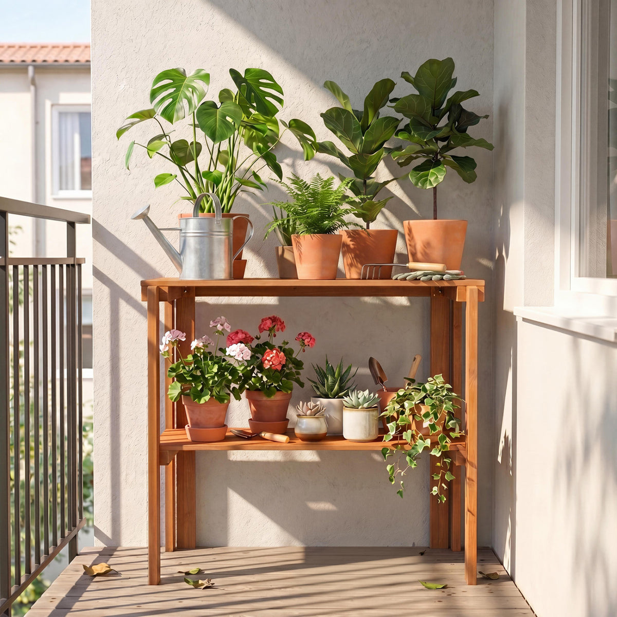2/3-Tier Folding Wooden Storage Shelves for Entryway and Garden-2-Tier