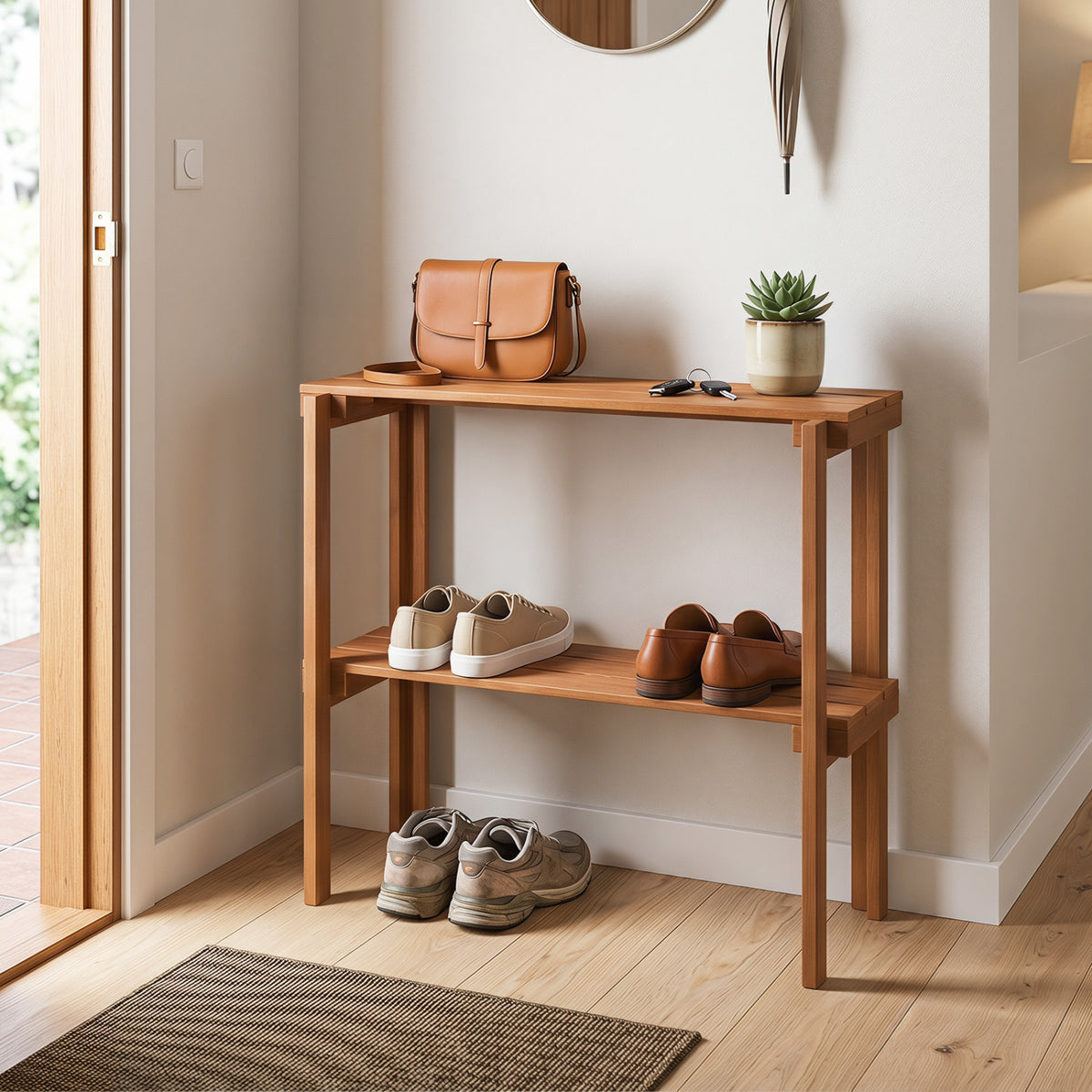 2/3-Tier Folding Wooden Storage Shelves for Entryway and Garden-2-Tier