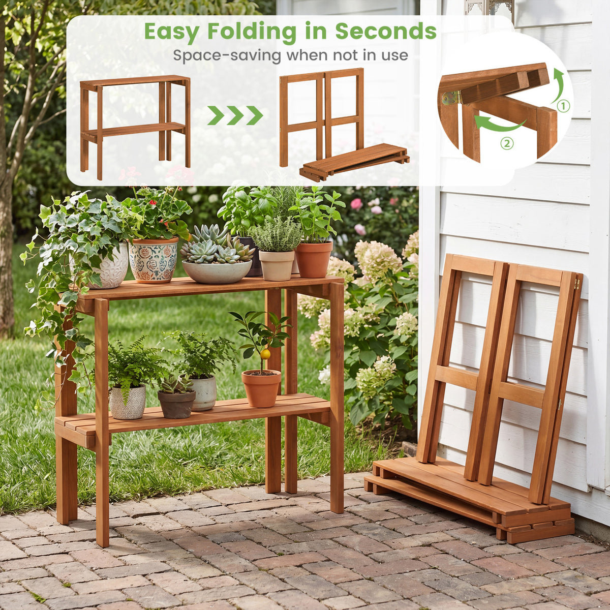 2/3-Tier Folding Wooden Storage Shelves for Entryway and Garden-2-Tier