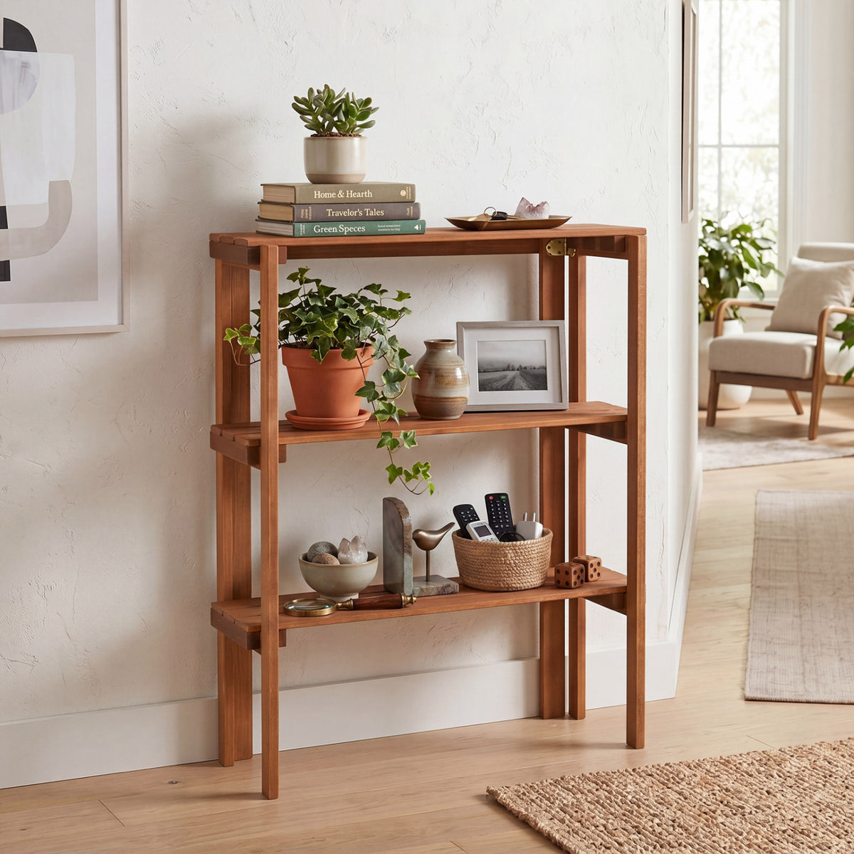 2/3-Tier Folding Wooden Storage Shelves for Entryway and Garden-3-Tier