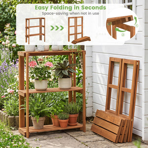 2/3-Tier Folding Wooden Storage Shelves for Entryway and Garden-3-Tier