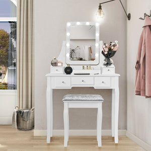 Vanity Dressing Table Set with 10 Dimmable Bulbs and Cushioned Stool-Black