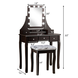 Vanity Dressing Table Set with 10 Dimmable Bulbs and Cushioned Stool-Black