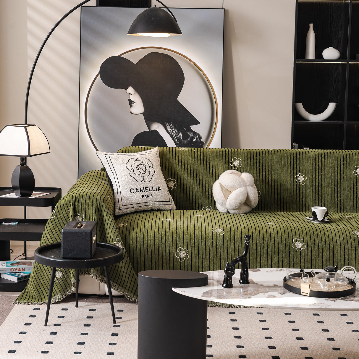 Chenille Camellia Floral Sofa Throw Cover Couch Blanket with Striped Jacquard