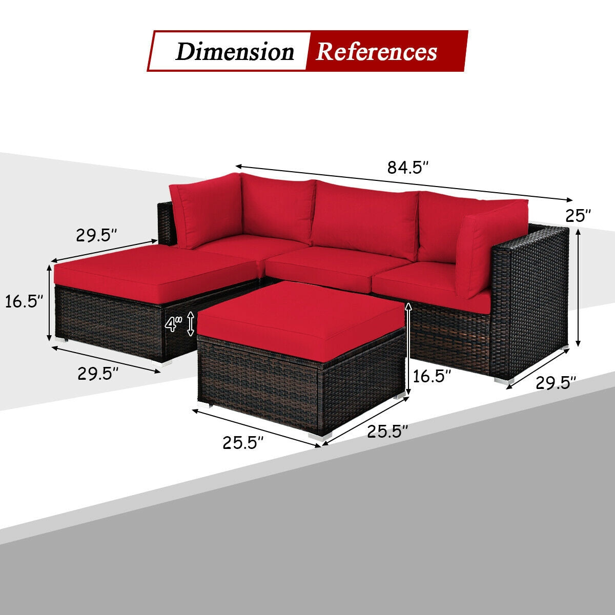 5 Pieces Patio Rattan Sectional Conversation Ottoman Furniture Set-Blue
